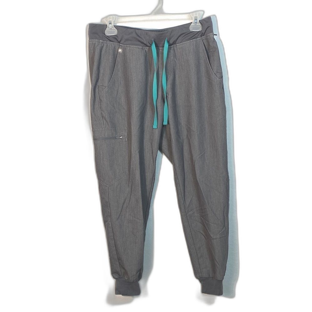 Figs Zamora Gray Jogger Scrub Pants with Teal Accents size Medium Petite